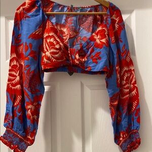 Farm : Vibrant Red and Blue Long Sleeve Fitted Crop Top